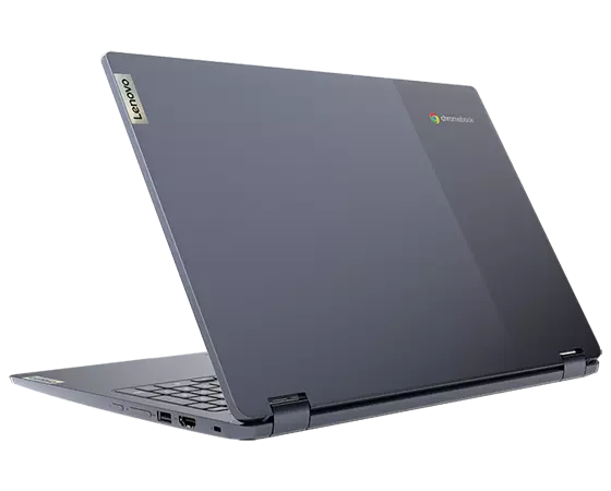 View of the rear side of the IdeaPad Flex 3i Chromebook in Arctic Grey.