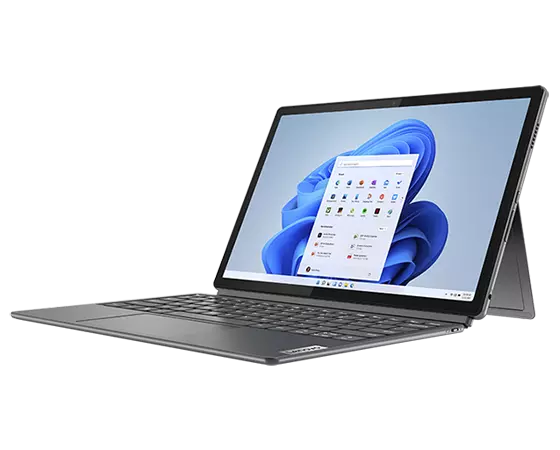 Ansicht vorne rechts des IdeaPad Duet 5i i, Notebook-Modus mit einem OS-Panel von der sich bewegenden blauen Figur auf dem Display