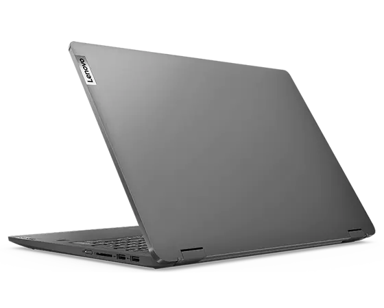 Vue arrière droite du Lenovo IdeaPad Flex 5 Gen 7 (AMD 16 » 2 en 1- 3/4, mode portable, partiellement ouvert