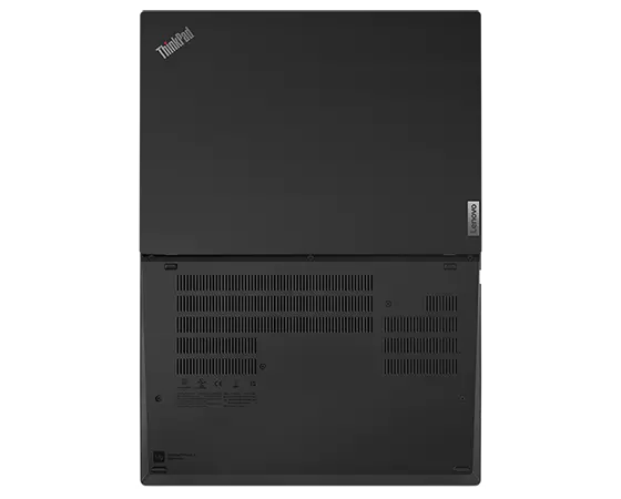 Aerial view of ThinkPad T14 Gen 3 (14 AMD), opened flat at 180 degrees. showing top and rear covers.