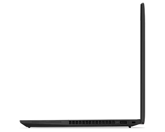Vue latérale droite du ThinkPad T14 Gen 3 (14 AMD), ouvert à 90 degrés. montrant le bord mince de l’écran et du clavier