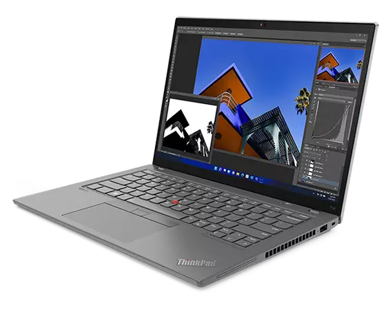 Vue avant droite du ThinkPad T14 Gen 3 (14 AMD), ouvert. montrant l’écran et le clavier