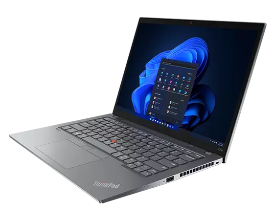Left-side, front facing view  of ThinkPad T14s (14” AMD), opened, showing 14” display,  keyboard, and ports.