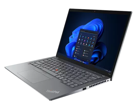 Left-side, front facing view  of ThinkPad T14s (14” AMD), opened, showing 14” display,  keyboard, and ports