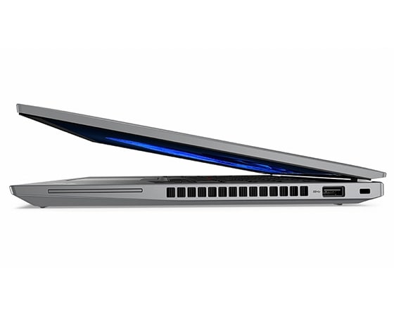 Vue latérale du ThinkPad T14 Gen 3 (14 Intel), fermé, montrant le bord de l’écran et le clavier