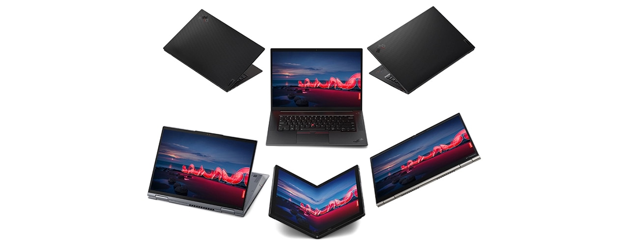 Aerial view of a series of X1 Extreme Gen 5 (16” Intel) laptops, each in different use modes, eg laptop, tent, and tablet