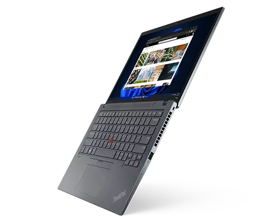 Right-side view of ThinkPad T14s Gen 3 (14” Intel), opened 180-degrees, held vertically at an angle