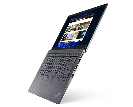 Right-side view of ThinkPad T14s Gen 3 (14? Intel), opened 180-degrees, held vertically at an angle