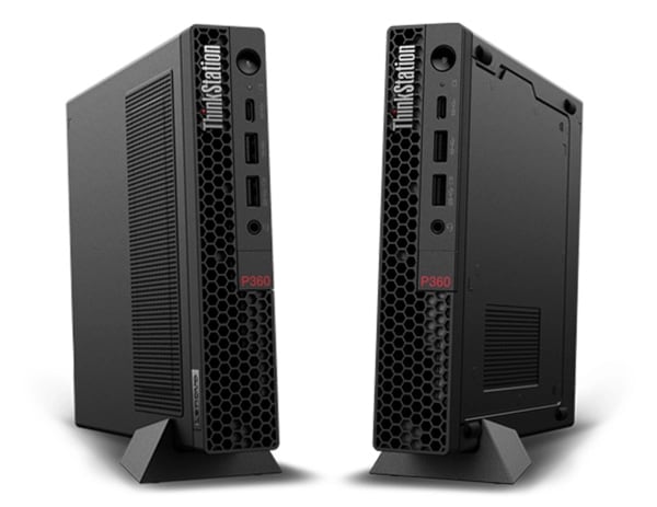 Two side-by-side Lenovo ThinkStation P360 Tiny workstations in stands, front facing, slightly angled to show left and right sides too.