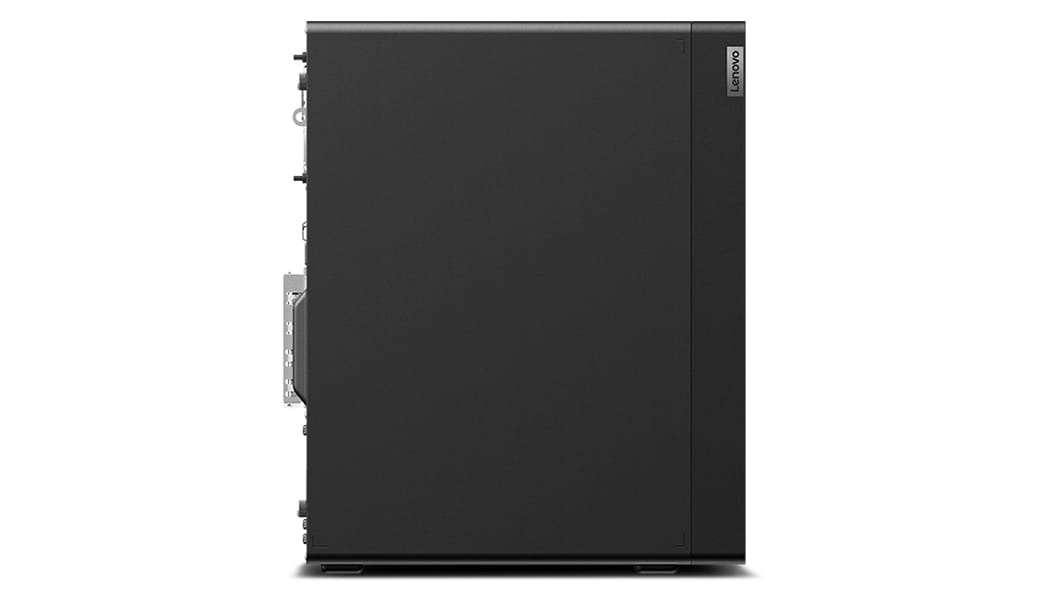 Profil gauche du poste de travail Lenovo ThinkStation P360, format tour, en face avant.