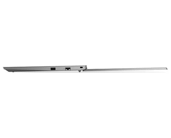 Vue latérale gauche du portable Lenovo ThinkPad E15 Gen 4 (15 » AMD), ouvert à 180 degrés, à plat, montrant l’écran et les bords du clavier, et les ports