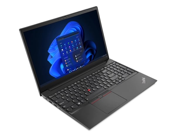 Overhead shot of Lenovo ThinkPad E15 Gen 4 (15” AMD) laptop, opened 180 degrees, laid flat, showing display and keyboard