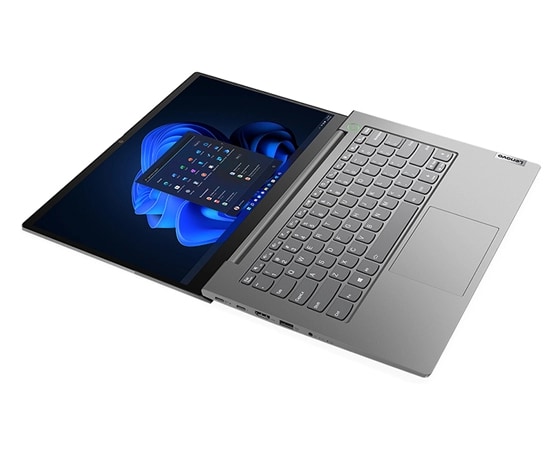 Vue du dessus gauche en angle d’un portable Lenovo ThinkBook 14 Gen 4 (Intel) ouvert, à plat, montrant le clavier, le pavé tactile et l’écran