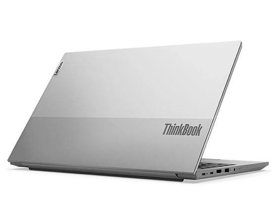 Back left angle view of a partially opened Lenovo ThinkBook 15 Gen 4 (Intel) laptop