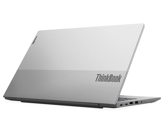 Vue arrière à angle gauche d’un ordinateur portable Lenovo ThinkBook 14 Gen 4 (Intel), partiellement ouvert