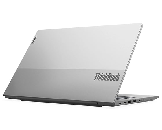 Back left angle view of a partially opened Lenovo ThinkBook 14 Gen 4 (Intel) laptop