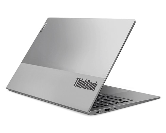 Rear view of Lenovo ThinkBook 13s Gen 4 laptop dual-tone top cover in Cloud Grey, open 80 degrees, angled to show left-side ports and small bit of keyboard.