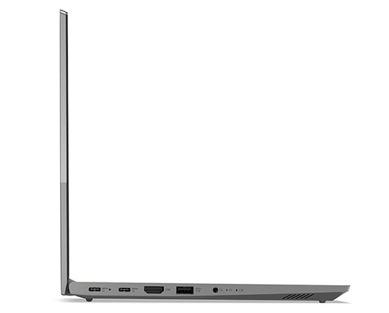 Vista del profilo sinistro del notebook Lenovo ThinkBook 14 di quarta generazione (14" AMD) con coperchio aperto