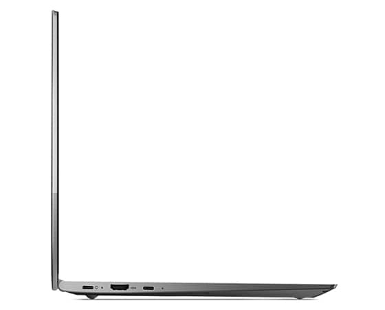 Profilbild från vänster av den bärbara datorn Lenovo ThinkBook 13s Gen 4 öppnad i 90 grader.