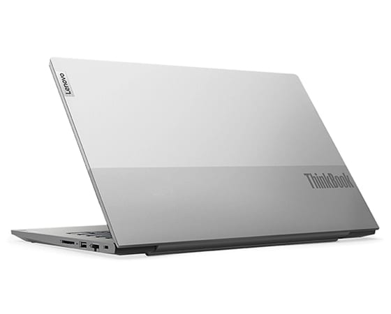 Vista posterior del lateral derecho del portátil ThinkBook 14 de 4.ª generación [35,56 cm (14"), AMD] visible tres cuartos y con la tapa parcialmente abierta