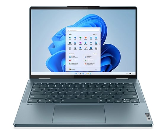 Vue avant de l’ordinateur portable Yoga 7 Gen 7 montrant l’écran et le clavier