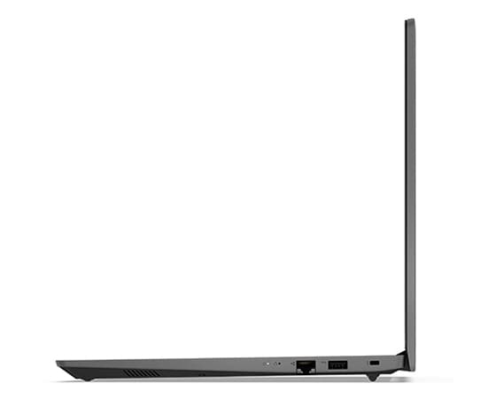 Profilo laterale destro del notebook Lenovo V15 di terza generazione (15" AMD) aperto, che mostra il bordo dello schermo, la tastiera e le porte