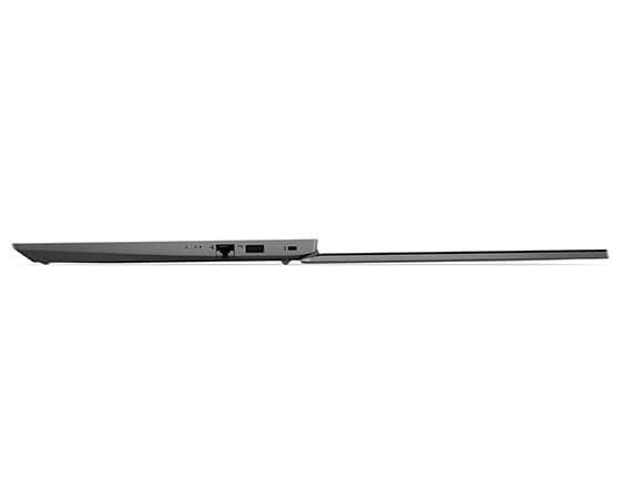 Left side profile of Lenovo V14 Gen 3 (14'' AMD) laptop, opened 180 degrees flat, showing ports and edge of display.