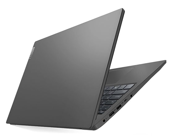 Vista laterale sinistra del notebook Lenovo V15 di terza generazione (15" AMD) leggermente aperto a forma di V, che mostra il coperchio anteriore e parte della tastiera