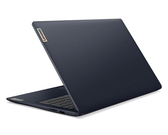 Rear facing view of Lenovo IdeaPad 3 Gen 7 15” AMD angled to the left, showing right side ports. 