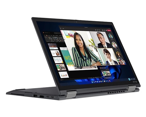 Vista lateral izquierda del ThinkPad X13 Yoga de 3.ª generación (13'' Intel), abierto en modo de presentación, con la pantalla