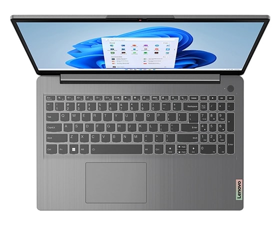 Overhead shot of Lenovo IdeaPad 3 Gen 7 15” AMD open 135 degrees, showing clear view of keyboard.