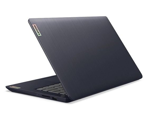 Rear facing view of Lenovo IdeaPad 3 Gen 7 14” AMD, open 45 degrees and angled to show left side ports.
