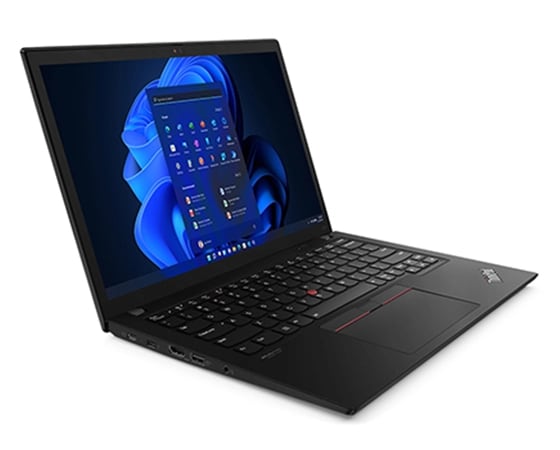Left side view of ThinkPad X13 Gen 3 (13'' Intel), opened 90 degrees, showing display, keyboard, and ports