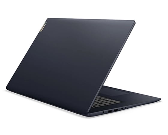 Rear facing view of Lenovo IdeaPad 3 Gen 7 17” AMD open 45 degrees, angled to show right side ports. 