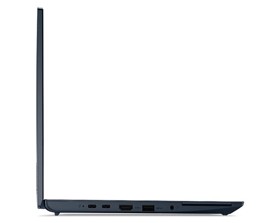 Vue du côté gauche du ThinkPad C14 Chromebook Enterprise ouvert à 90 degrés et formant un L, montrant le bord de l’écran et du clavier, ainsi que les ports