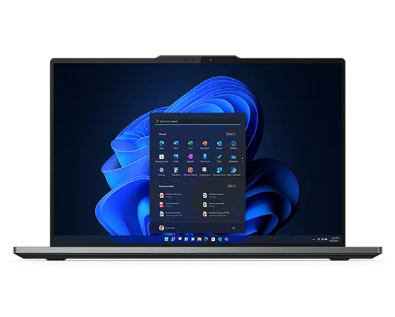 Vooraanzicht van Lenovo ThinkPad Z16 met de focus op het scherm en Windows 11 Pro.