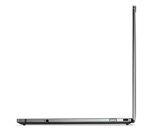 Profil droit extrêmement mince du portable Lenovo ThinkPad Z13 ouvert à 90 degrés.
