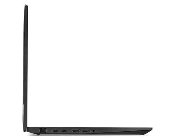 Left side profile of ThinkPad P16s (16'' AMD) mobile workstation, opened 90 degrees, flat, showing edge of keyboard and display, plus ports.