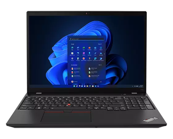 Front facing ThinkPad P16s (16" AMD) mobile workstation, opened, showing keyboard and display with Windows 11