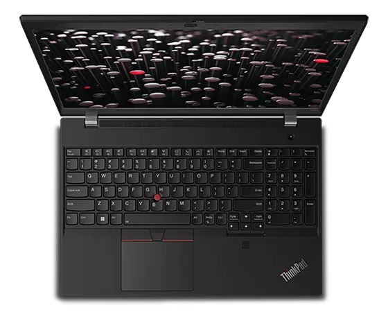 Aerial view of ThinkPad P15v Gen 3 (15″ Intel) mobile workstation, opened 90 degrees, showing keyboard & display.