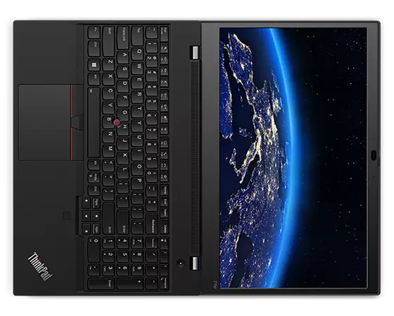 Vue de dessus de la station de travail mobile ThinkPad T15p Gen 3 (15" Intel) ouverte à 180 degrés et posée à plat, montrant l’écran et le clavier