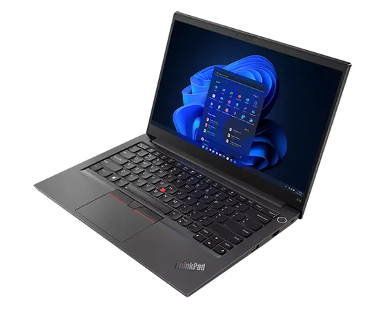 Front facing ThinkPad E14 Gen 4 business laptop, angles slightly to the right, opened 90 degrees, showing keyboard, ports and display with Windows 11