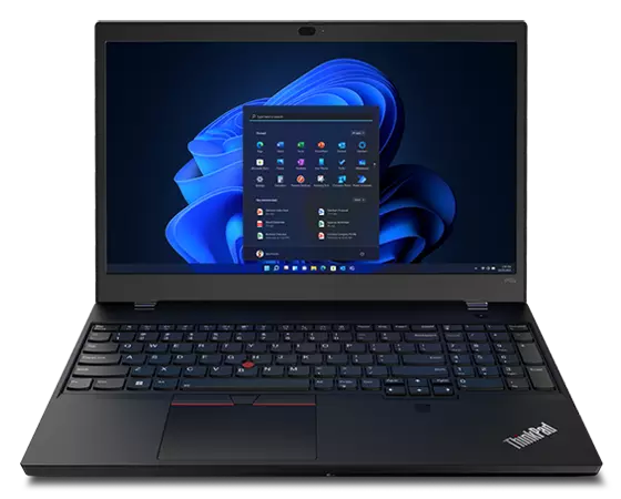 Forward facing ThinkPad P15v Gen 3 (15″ Intel) mobile workstation, opened 90 degrees, showing keyboard & display with Windows 11.