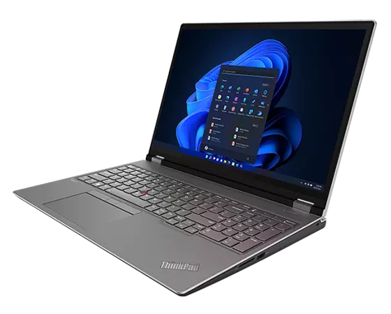 Front facing ThinkPad P16 (16″ Intel) mobile workstation, at a slight angle, opened 90 degrees, showing keyboard and display with Windows 11