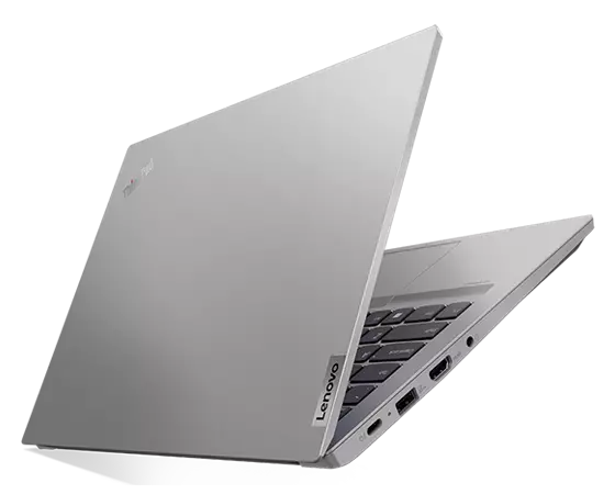 Rechterachteraanzicht van ThinkPad E14 Gen 4 zakelijke laptop onder een hoek, 45 graden geopend in een V-vorm, toont bovenklep en deel van het toetsenbord