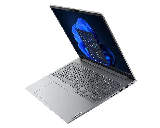 Floating Front-facing Lenovo ThinkBook 16 Gen 4 laptop open 90 degrees, showcasing keyboard, display & right-side ports.