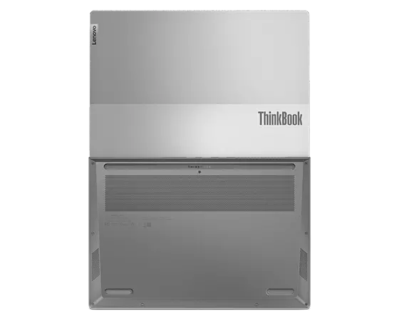 Aerial view of ThinkBook 14p Gen 3 (14" AMD) laptop, opened at 180 degrees, showing top and rear covers