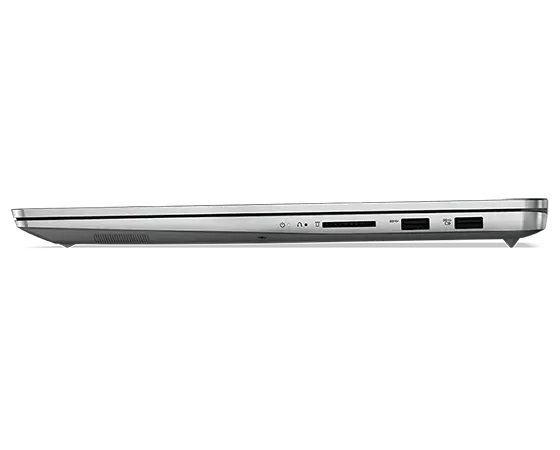 Close-up van poorten aan de rechterkant op een Lenovo IdeaPad 5i Pro Gen 7-laptop met gesloten klep in Cloud Grey.