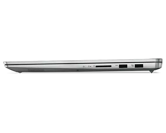 Close up of right-side ports on closed-cover Lenovo IdeaPad 5i Pro Gen 7 laptop in Cloud Grey. 