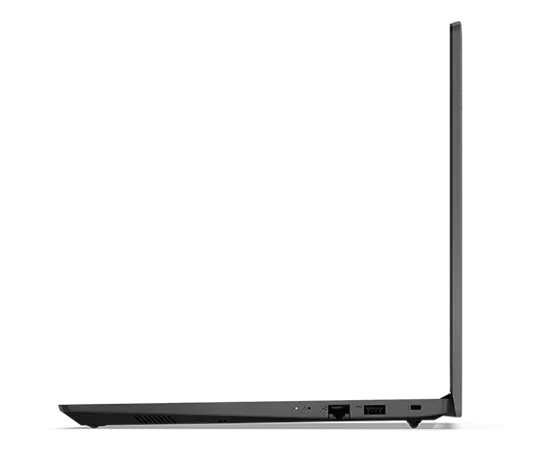Vue de profil côté droit du portable Lenovo V15 Gen 3 (15'' Intel) ouvert à 90 degrés, montrant le bord de l’écran et du clavier, ainsi que les ports